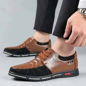 Висококачествени мъжки ежедневни обувки на плоска подметка от естествена кожа, мъжки oxfords, модерен модел обувки с дантела, Работни обувки Sapatos