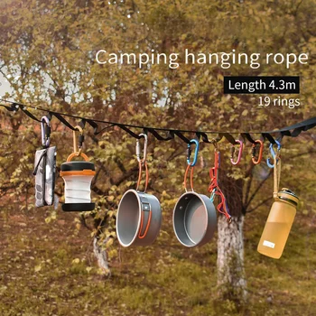 Въже за съхранение на палатки на открито регулируема бельевая въже за къмпинг с 19 куки-закачалки, изработени
