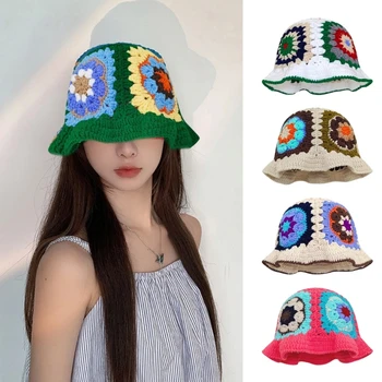 Вязаная на една кука панама за прекрасни момичета, дамски Рибарска шапка с цветен модел, ежедневни лятна солнцезащитная шапка за жени-юноши