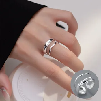 Геометрично Отворен пръстен от 100% сребро 925 проба за жени и момичета, с лесен двухслойным волновым дизайн, бижута, подарък за парти, директна доставка
