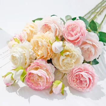 голяма роза розова коприна божур, клон изкуствени цветя начало декор фалшива голяма цветна корона малка пъпка сватбен фон декорация на стени