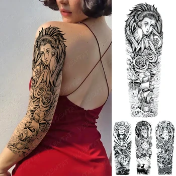 Голяма татуировка на ръкава по цялата ръка, момиче от индианско племе, Водоустойчив временна татуировка, стикер на лодката, Роза, на брега на Океана, Мъже, Жени, боди арт, татуировка