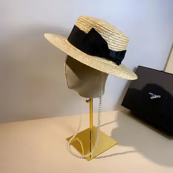 Гореща разпродажба през лятото в Европа и Америка Сламена шапка с плосък покрив от перлата на дантела и окантовочной дантела солнцезащитная шапка за почивка на море