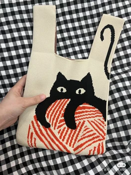 Дамска чанта с сладък котка, вязаный cartoony коте, мечка, Голяма чанта голям за обяд, подарък за пазаруване, моден дизайнер