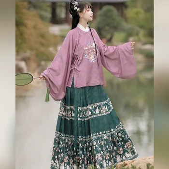 Дамски дрехи Hanfu на китайската Нова година 2023, на династията Мин, през отвор, голям ревера, на бродирани ръкав-пипа, пола Ma Mian, зимна пола Hanfu