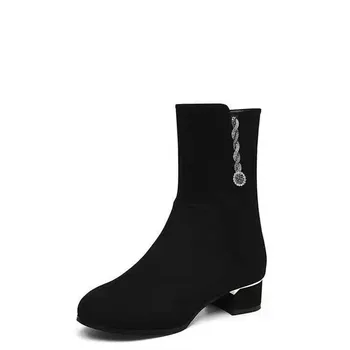 Дамски ежедневни замшевая благородна удобни обувки с цип отстрани, есенно-зимните обувки на квадратен ток, дамски модни висококачествени обувки за партита C735