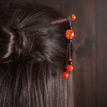 Дамски изискана дървена китайската традиционна родословна за коса, елегантна висулка от червен цирконий, аксесоари за парти Hanfu