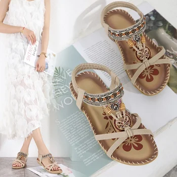 Дамски модни сандали на равна подметка с цветя модел и кристали, плажни сандали с отворени пръсти, луксозни сандали, Дамски дизайнерски обувки голям размер