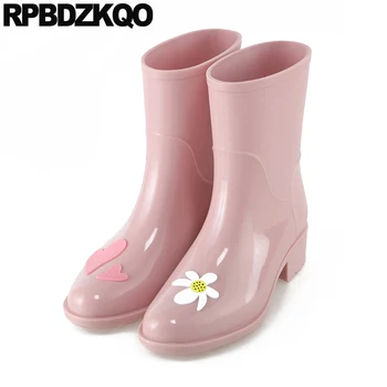 Дамски непромокаеми ботуши-дождевики Къси Розови женски ботильоны 2021 г. Непромокаеми обувки-слипоны Обувки Челси с остри пръсти в цветенце Евтини китайски Джаджи