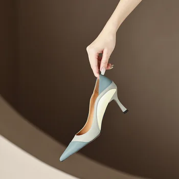 Дамски обувки Tacones в ретро стил 2023, кожени обувки на висок ток с остър пръсти, елегантни дамски обувки на ток, официалната банкетная обувки дамски обувки