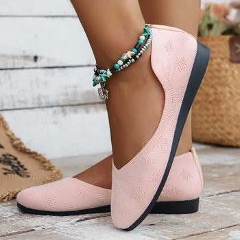 Дамски обувки, пролет-есен 2023, модни однотонная обувки от дишаща мрежа върху плоска подметка, удобни ежедневни дамски обувки с кръгло бомбе за жени