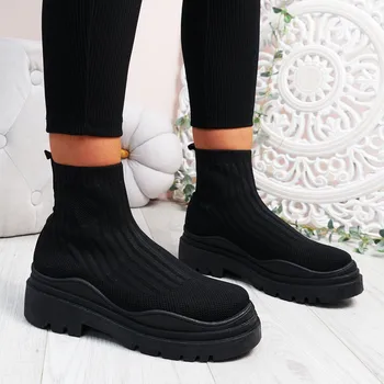 Дамски трикотажни ластични чорапи Ница Women Luxury Brand, есен/зима, възли ластични чорапи за средно обувки с кръгло бомбе, дамски ежедневни обувки големи размери, вълнени полусапожки