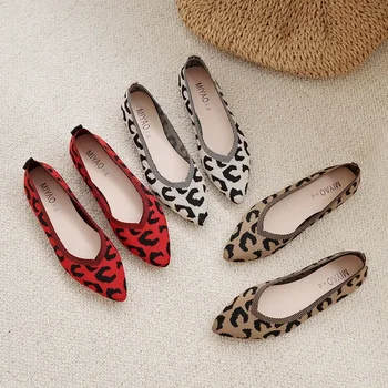 Дамски тънки обувки 2023, пролетно новост, тканая мрежа за дребни плетени, червени обувки на плоска подметка с леопардовым принтом