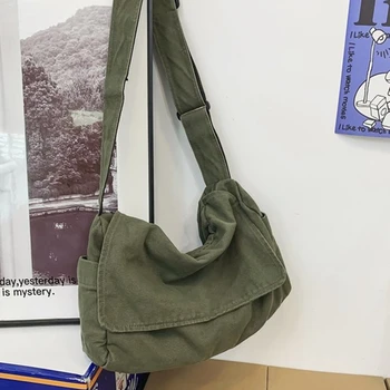 Дамски холщовая плат, мека наплечная чанта с припокриване, Y2K, студентски отдих, училищни книжка със среден размер, чанта за лаптоп, странични чанта-месинджър