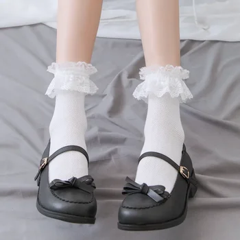 Дамски чорапи, дантелени Lolita Jk, В японски стил, Бяло с къдри, Черни Обикновена памучни чорапи за момичета в стила на kawai, Сладки Чорапи до глезена за Famale