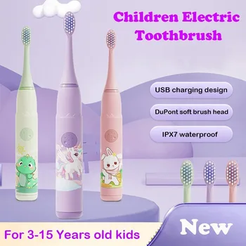Детска електрическа четка за зъби е с цветно изображение, IPX7, водоустойчив, със сменяеми глави, автоматична акумулаторна четка за зъби за деца