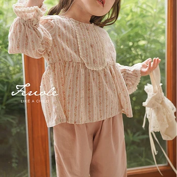 Детска есенна стоп-моушън риза с дълги ръкави и цветен модел + розови панталони, комплект за детска риза от две части, дрехи за малките момичета