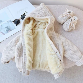 Детска Новата есенно-зимни дрехи за момичета С изолирани качулка, плюс мек вълнен плат пуловер, палто с джобове, женски жилетка за малки деца
