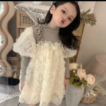 Детски дрехи 2022 Есен-зима Комплект рокли за момичета Розова е Газов риза с дълъг ръкав Ново модно Сладка Принцеса рокля за момичета