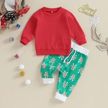 Детски дрехи от 2 теми, Коледна hoody с кръгло деколте във формата на вафли и панталони с принтом елен, комплект детски панталони, костюми