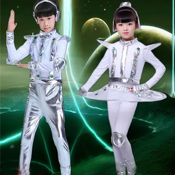 Детски костюм на робота на Хелоуин за момичета и момчета, бяло-сребрист костюм астронавти, дрехи за танци на космическата сцена, дрехи унисекс