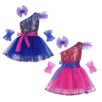 Детски танцов костюм за джаз балет за момичета, Сетчатое рокля с лъскави пайети на едното рамо + Шнола за коса + гривна + колан за модерни танци