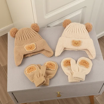 Детски топли шапки и ръкавици, комплект с с анимационни мече, зимни вязаная шапка и ръкавици за деца, аксесоари за студено време