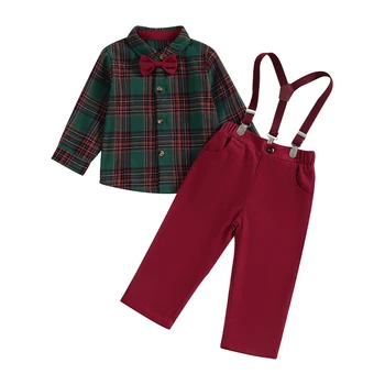 Джентльменская дрехи за малките момчета, клетчатая риза с дълги ръкави и отворотами, топ и панталон на подтяжках, комплект от 2 теми