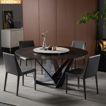 Дизайнерска луксозна кръгла трапезария от мраморни плочи, маса за хранене, 4 стола, мебели mesa de comedor, Неръждаема стомана, златно основа