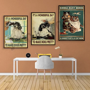 Добър ден, да се направят на кучета, красиви, забавни ретро-плакат за да се грижи за кучета, декорация на спа центъра плакат за фризьорски салон за кучета и котки