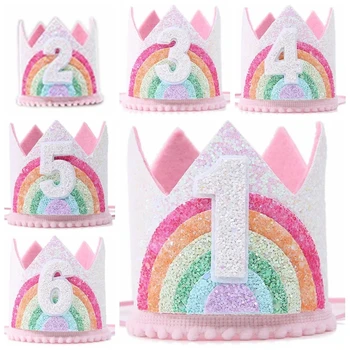 Дъгова тема Еднорог, рожден ден Crown на 1-ви 2-ри 3-ти ред фетровая шапка деца момиче рожден ден украси за доставка душата на детето 