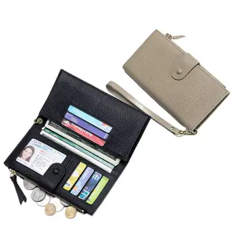 Дълъг портфейл от естествена телешка кожа върху бутона, модерен женски мултифункционален портфейл-клатч с джоб за телефон, притежатели на лични карти.