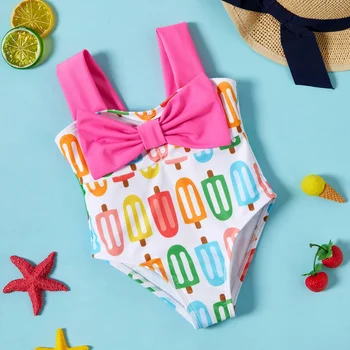 Едно парче бански PatPat за малки момичета с пъстри шарени popsicle и носа отпред, подходящ за летния сезон, основен стил
