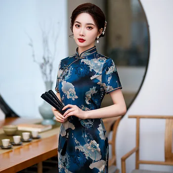 Елегантна Пролет-Есен Нова рокля-ципао със Средна дължина, С отрязани В Китайски стил, Подобрено Приталенное Банкет рокля-ципао Тъмно-син цвят