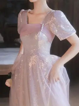 Елегантни Розови Вечерни рокли с фини пайети, дамски официални рокли от тюл с къси ръкави, vestidos de noche