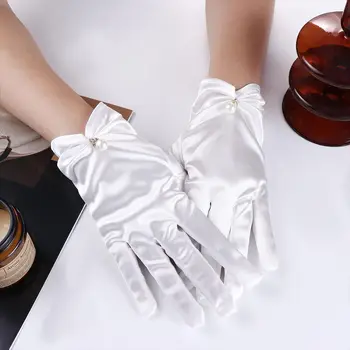 Елегантни ръкавици с пълни пръсти за жени, сватбени модни ръкавици с перлата интериор, Сатенени ръкавици за шофиране с защита от uv