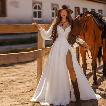 Елегантни шифоновые сватбени рокли с благородни деколте и дълги ръкави, сватбени рокли трапецовидна форма, апликации, струята, разрез отпред, Vestidos De Новия