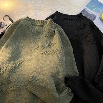 Есенен пуловер с изрезки, Вязаный пуловер с дълъг ръкав за мъже, Скъсаните дупки, мъжки пуловер Оверсайз, зимни дрехи, градинска облекло D02