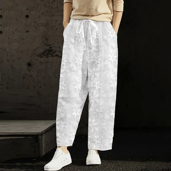 Есенни памук, ленени панталони с бродерия Vinage, Дамски панталони дантела дължина до щиколоток, Женски бели Елегантни панталони, ежедневни панталони Spodnie 26162