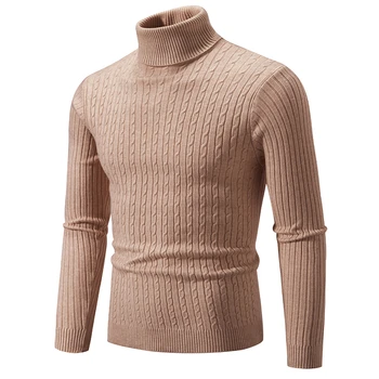 Есенно-зимния мъжки вязаный пуловер с висока воротом, приталенная тениска с дълъг ръкав, trend обикновен пуловер