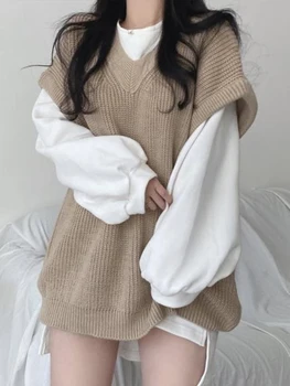 Есенно-зимния пуловер-жилетка, женски Корейски модерен вязаный пуловер в опрятном стил, женски Извънгабаритни Ежедневните Свободни Пуловери без ръкави
