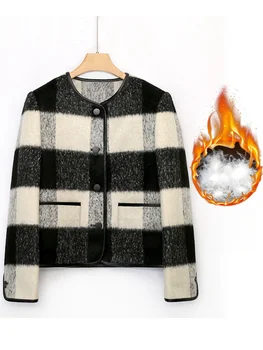 Есенно-Зимно Дамско палто от Твида в клетката в корейски стил, с подплата от гъши пух Високо качество F334