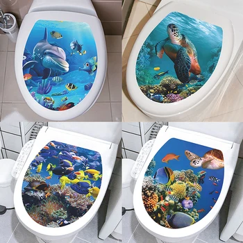 Етикети върху капака на тоалетната чиния с шарките на подводни животни в няколко стила, декорация на баня, Подвижни стенни картини за баня, капак, капаци на тоалетни