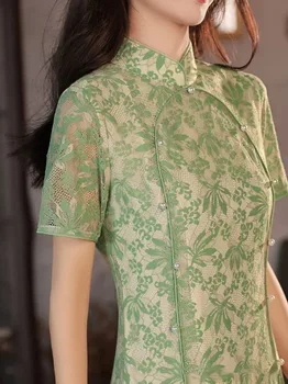 Жена Зелена Лятото Дантелено рокля Рокля с къс ръкав, Традиционен Китайски Лятото Ципао дължина от S до XXL с подплата