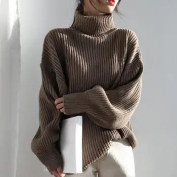 Жена топ с дълги ръкави, Мек еластичен топ, Уютен, стилен женски зимен пуловер с висока яка, ветрозащитный дизайн, Еластично вязаное топло