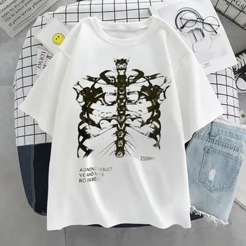 Женска тениска Оверсайз Женска тениска Harajuku с принтом тъмни кости на черепа, сърцето и белите дробове, блузи с къс ръкав, градинска дрехи, дамски дрехи