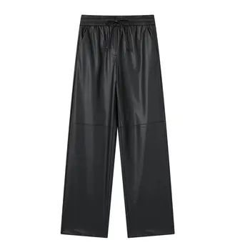 Женски Нови модни странични джобове, Свободни Черни панталони за джогинг от изкуствена кожа, годината на реколтата дамски панталони с еластичен колан и завязками Mujer