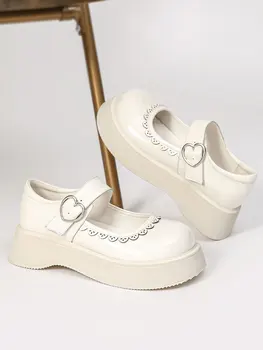 Женски обувки Mary Jane в дебела подметка с кръгло бомбе, новост 2023 г., нишевый дизайн в английски стил, увеличаване на дребния приятелка, малки кожени обувки