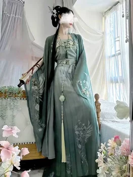 Женствена рокля Hanfu, китайски традиционен ретро женски костюм Hanfu за cosplay за Хелоуин, с принтом Hanfu Green, 3 бр., комплекти, плюс размер XL