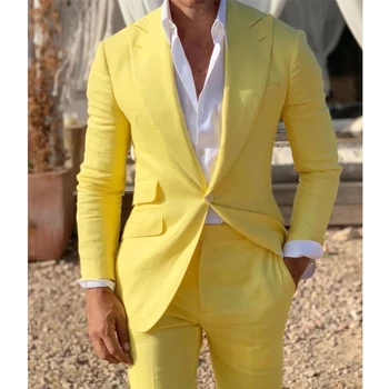 Жълти мъжки костюми от 2 теми, плажен оборудвана сватбен смокинг младоженеца С остроконечным лацканом, мъжки моден костюм, Сако с панталони